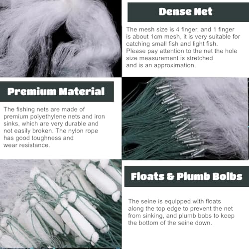 Handwurf Fishnets, 50m Länge 1,5m Höhe Nylon Mesh DREI Schichten Schweres Wurfnetz zum Fischen mit Float und Lotbolzen, Fischernetz für Flache Seen und Teiche (4 Finger)