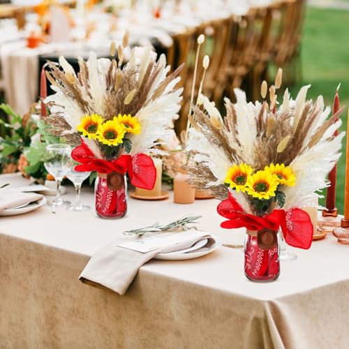 Image of Wonderjune 135 Pcs Western Cowboy Table Centerpieces Cowgirl Rodeo Party Decor with Mason Jar Bandannas Mini Hat Sunflowers Pampas for Cowboy Cowgirl Baby Shower Birthday Wedding Party Decor(Red)
