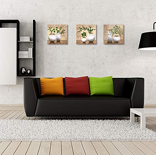 3 Piece Wall Art For Bathroom/Hallway, Sz Hd Elegant Canvas Painting Prints Of Green Spring Plants In Vases On Beige/Tan Picture (Waterproof Decor, 1" Thick, Bracket Mounted Ready To Hang) #TOP6