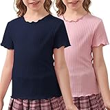 GORLYA 2 Pack Girls Lettuce Trim Basic Solid Tee Shirts Ribbed Knit Casual Blouse Tops for 4-14T(GOR1106,10Y,Navy+Pink)