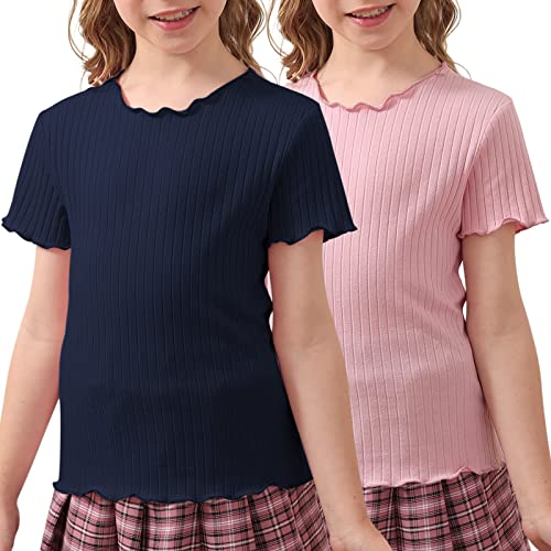 GORLYA 2 Pack Girls Lettuce Trim Basic Solid Tee Shirts Ribbed Knit Casual Blouse Tops for 4-14T