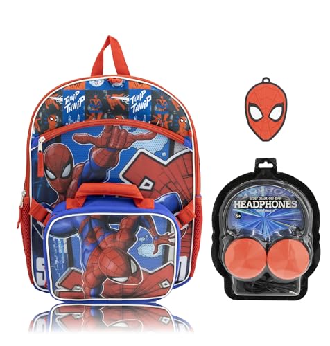 Conjunto de mochila Marvel Homem-Aranha para meninos | Mochila do Homem-Aranha com lancheira, fones de ouvido e pingente | Mochila escolar do Homem-Aranha | Idades a partir de 3 anos
