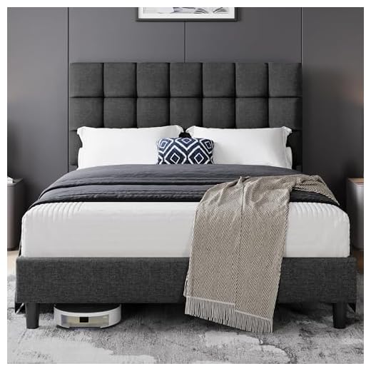 Yaheetech 5ft King Bed Frame Upholstered Platform Bed with Adjustable Square Tufted Headboard/Linen Fabric/Sturdy Wooden Slat Support/No Box Spring Needed, Dark Grey King Bed