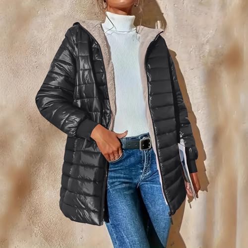 Cazadora Mujer Invierno Manga Larga Color Liso con Capucha - Abrigo De Plumas Mujer Invierno con Bolsillo Cremallera Running Classic Transpirable Cazadoras Elegante Suave Plumíferos Negro XL - imagen 2