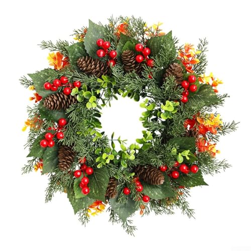 Corona de Navidad artificial piñas verdes bayas rojas de 15.74 pulgadas para puerta pared decoración de vacaciones interior exterior festiva decoración del hogar fácil de colgar