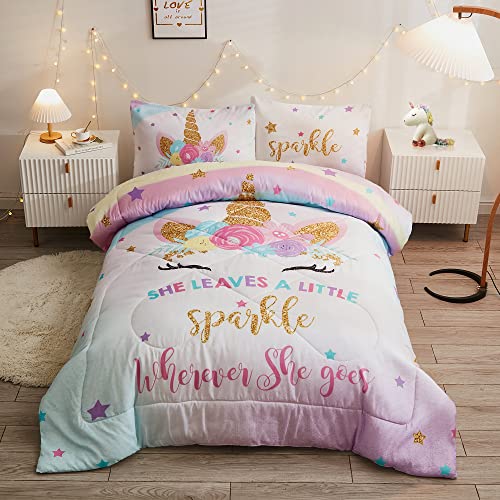 Cokouchyi 3-Piece Queen Bedding Sets for Girls, Unicorn Bedding, Girls Comforter Set, Unicorn Comforter Set for Girls, Ultra Soft and Fluffy Kids Bedding Set, Pink & Rainbow Color