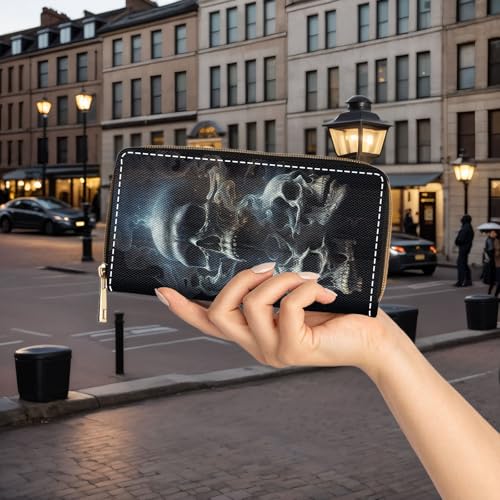 Wallet,Large Capacity RFID Blocking Leather Wallet, Durable Smooth Zipper Clutch,Unisex Travel Wallet for Cards,Cash,and Coins,Skull Smoke3