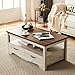 LINSY HOME Farmhouse Coffee Table with Storage, Wood Coffee Table for Living Room, Open Display Area and Storage Drawers with Metal Handles, Chic Style with Curved Base. Oak and Brown