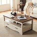 LINSY HOME Table basse de style rustique avec rangement, table basse en bois pour salon, espace d'exposition ouvert et tiroirs de rangement avec poignées en métal, style chic avec base incurvée, chêne