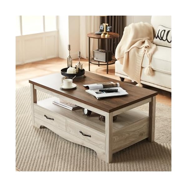 LINSY HOME Table basse de style rustique avec rangement, table basse en bois pour salon, espace d'exposition ouvert et tiroirs de rangement avec poignées en métal, style chic avec base incurvée, chêne