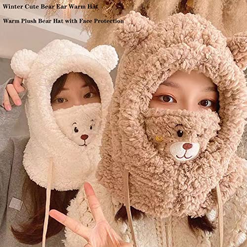 Warm Plush Bear Hat with Face Protection, Winter Cute Bear Ear Warm Hat Women Plush Hats Windproof Warm Scarf One-Piece Hat (Brown)3