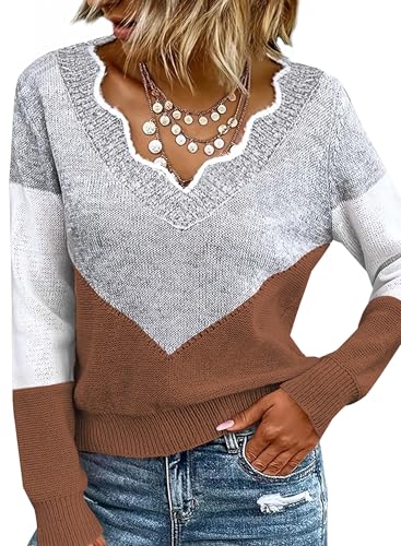 Ranphee Pull Femme Col V Epaule Dénudée Chaud Chic et Elegant Original Vetements Hiver 2026 Fin Automne Patchwork Oversize Sweater