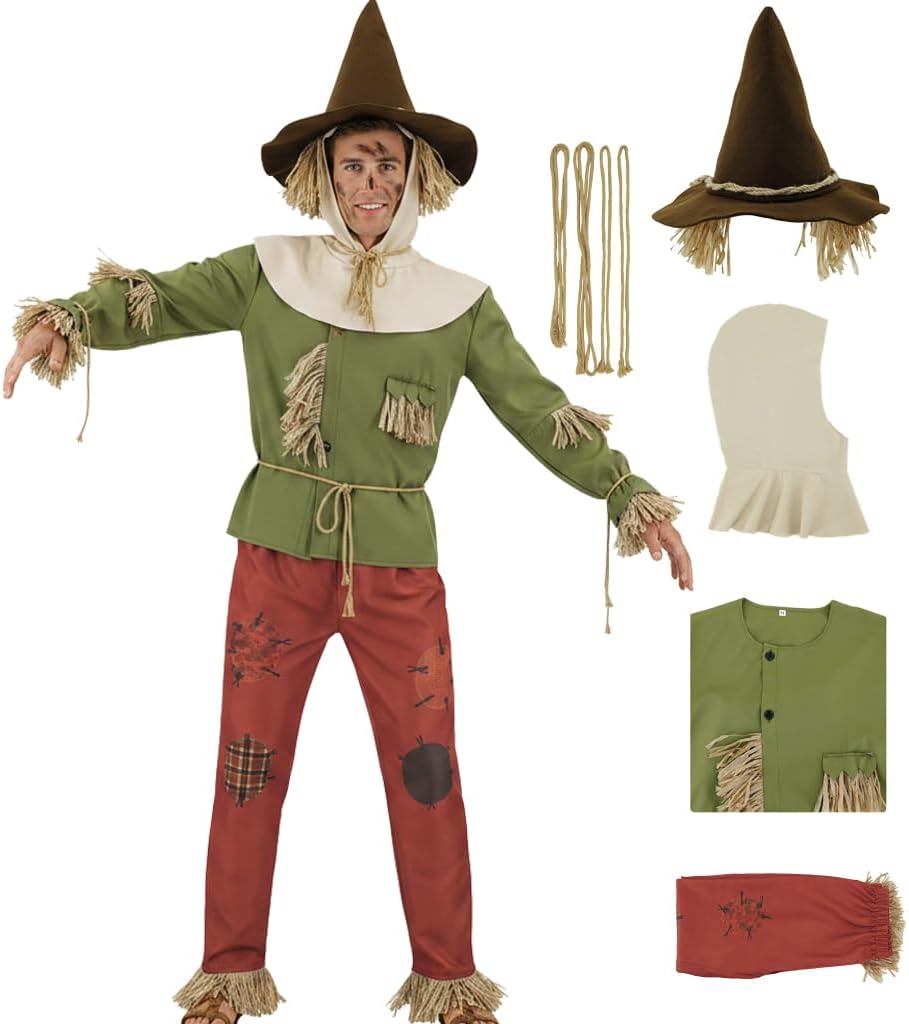 Scarecrow Costume Men Green Shirt Red Pants Hood Witch Hat Ropes Straw Wizard Kit for Halloween Cosplay Outfits