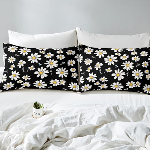 Image of Castle Fairy Daisy Bed Sheet Queen Set Black White Yellow Sheets Sets Adults Bedroom Decor Daisy Flowers Microfiber Bedding Set with Flat,Fitted Sheet,2 Pillow Cases