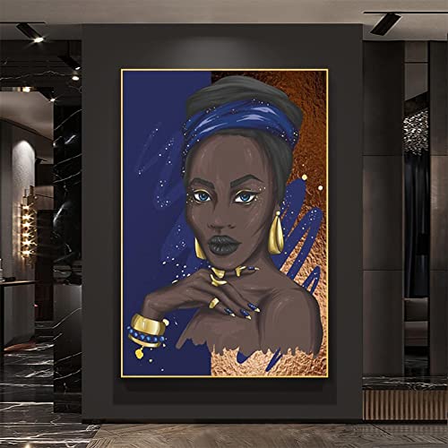 Pintura de mujer negra africana de 50x70cm lienzo artístico de damas azules sin marco