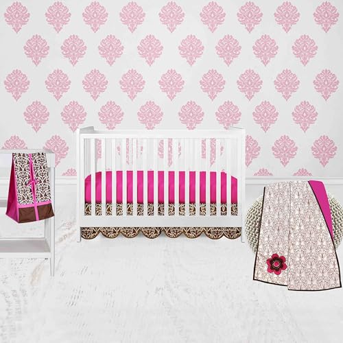 Bacati - Damask Pink Fuschia Chocolate 4 pc Crib Bedding Set with Diaper Caddy