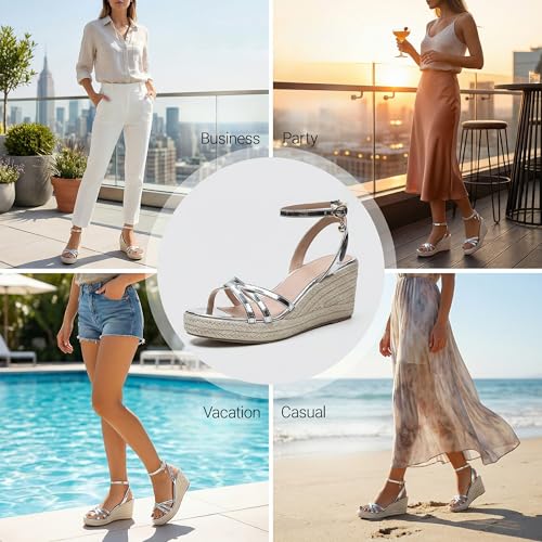 Image of Dressy Open Toe Sandals Platform Wedge Sandals with Cushioned Insole and Ankle Strap Buckle,Strappy Espadrille Wedge Sandals for Women Comfortable Summer