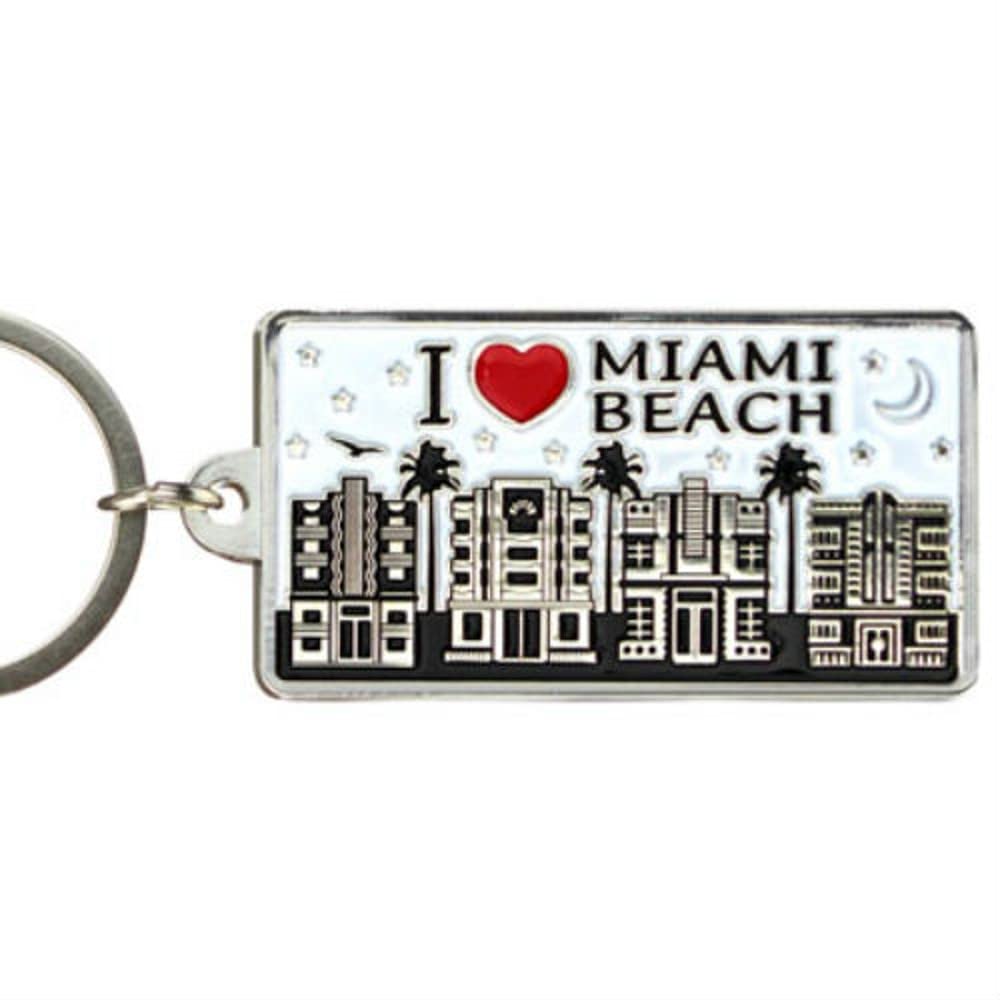 Miami Beach White Skyline Rectangular Metal Keychain 2.25