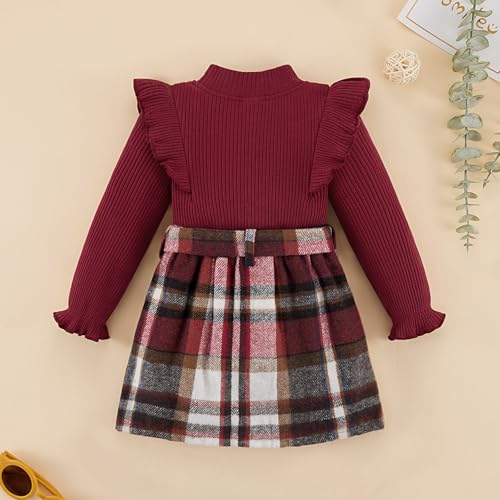 Image of Weixinbuy Toddler Girl Fall Winter Clothes Solid Long Sleeve Ribbed T-Shirt Knit Tops Plaid Button Mini Skirts Set Outfits