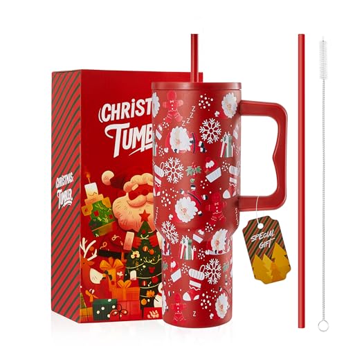 TaroKitc Weihnachten Thermobecher 1200ml mit Strohhalm und Henkel, Edelstahl Trinkbecher mit Deckel Auslaufsicher, Vakuum-Isoliert Kaffeebecher To Go Trinkflasche Tumbler, Geschenk für Weihnachten