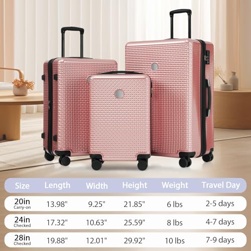 Luggage Sets 3 Piece Hardshell Suitcases with Wheels,TSA Lock,for Weekend Trips and Long-distance Trips(20"/24"/28"). (Rose Gold)2