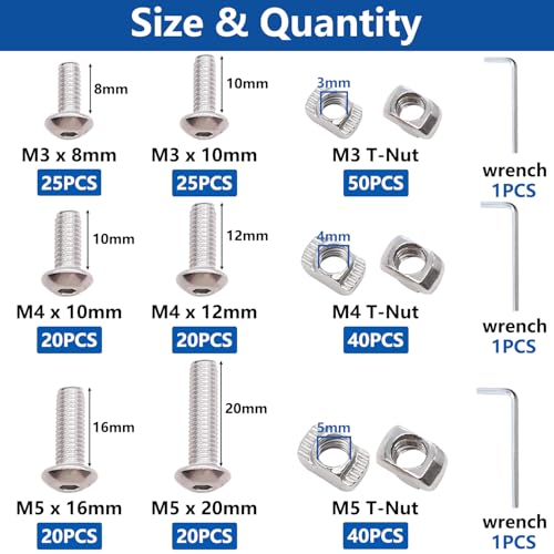 260pcs m3 m4 m5 t nuts screws kit t slot nuts hammer head fastener with nickel plated carbon steel button head screws for 2020 series aluminum extrusion profile