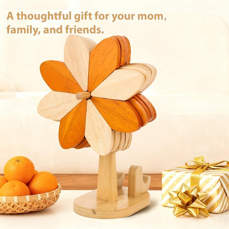 Wooden Trivets for Hot Dishes, Expandable Flower Trivet Set with Holder, Heat Resistant Collapsible Pot Holders, Kitchen Decor Gift, Two Tone