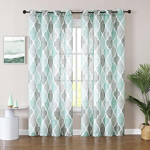 Beauoop Mintgrün Voile Vorhänge Leinenoptik Rautenmuster Gardinen mit Ösen Geomertrisch Marokkanisch Halbtransparent Ösenvorhang Dekoschal für Schlafzimmer Wohnzimmer 2er Set, 127 x 245cm (HxB)