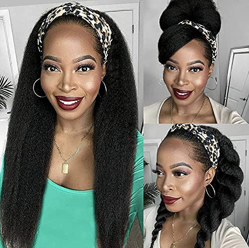 Nuyoah Kinky Straight Headband Wigs for Women Long Black Wig Yaki Straight Synthetic Hair Wigs with Black Headband for Daily Party Use