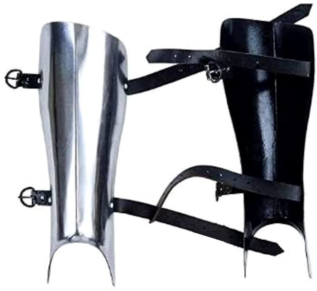 ANTIQUECOLLECTION Medieval Greaves Legs Protection 18 Gauge Steel Knight Armor LARP SCA Pair, Silver, M