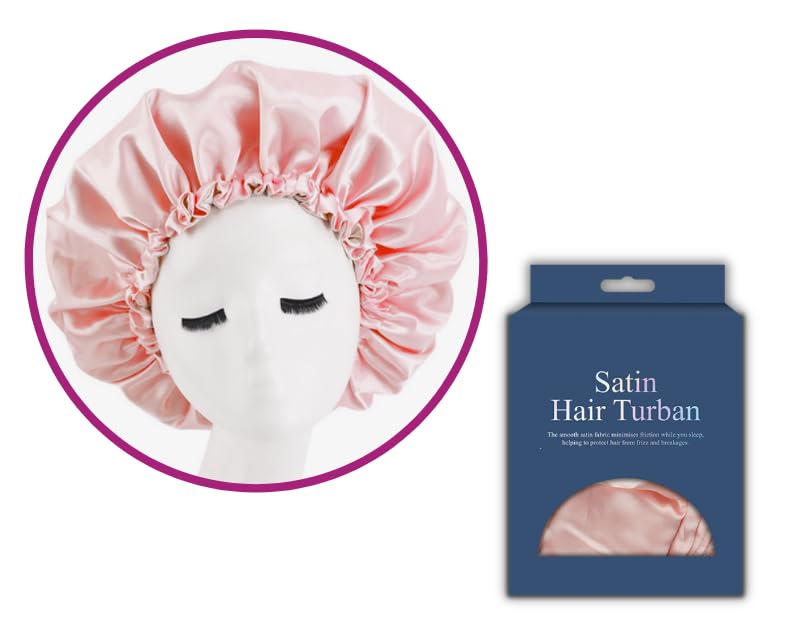 2 x Satin Hair Turban – Grey Pink Bonnet Hair Turban for Breakage Control, Sleep Cap Adjustable Hair Cover, Natural Curly and Frizzy Hair Cap with Elastic, Comfortable Head Covers