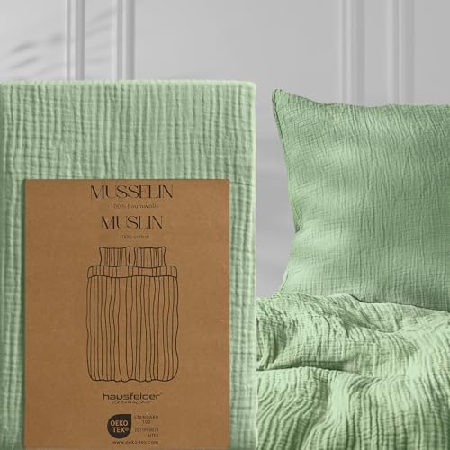 Hausfelder Ropa de cama de muselina, 135 x 200 cm, verde claro, transpirable y regulación de temperatura, 1 tlg. - Bettbezug 135x200cm, 1 unidad
