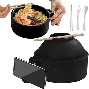 Microwave Ramen Bowl, New Ramen Noodles Bowl Set with Lid, Chopsticks, Spoon and Fork, Ramen Noodle Cooker with Lid and Handle, Portable Noodle Bowl for Home Office Dorm Room College Black