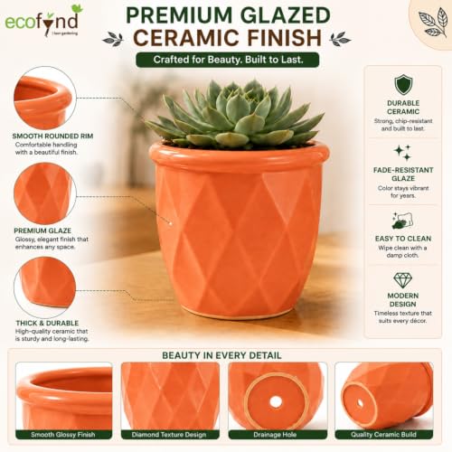 Image of ecofynd 4 Inch Ceramic Plant Pots with Drainage Hole, Modern Decorative Clay Flower Pots for Indoor Plants, Home Garden Decor for Living Room, Bedroom & Interior Spaces (Pack of 2, CPOT043-PEH)
