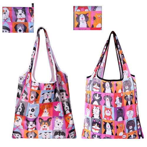 Zuimei 2Pcs Foldable Reusable Shopping Bags, Extra Large Waterproof Tote Shopping Bag Grocery Shopping Cloth Bags for Shopping Travel Picnic(Dog/Cat Print)