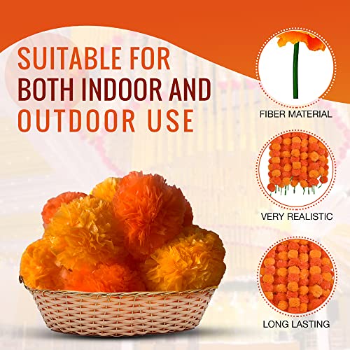 Image of DIYANA IMPEX Marigold Garland for Decoration 5 Pcs of 5 feet Long Strands Artificial Marigold Flowers, Indian Decor for Pooja, Wedding Christmas, Party Events Decorations (Mango + Orange)
