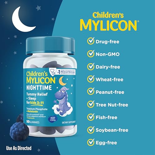 Image of MYLICON Tummy Relief + Sleep Gummies with Melatonin for Kids, Berry, 50 Ct | Nighttime gummies relieve occasional upset stomach & indigestion, plus melatonin for sleep, Ages 3-11, Mixed Berry Flavor
