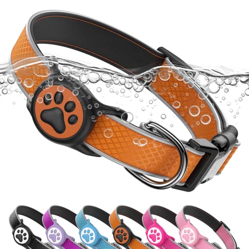 Airtag Dog Collar IPX8 Waterproof Air Tag Dog Collar Holder | Reflective Ultra-Durable | Soft Padded | Safety Locking Buckle | Fit Medium Dogs (Orange M(12.6-19.6))