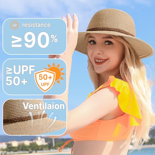 Image of Beach Hats for Women - Sun Hat Womens, Wide Brim Straw Womens Sun Hat with Wind Lanyard Roll Up Foldable UV Protection