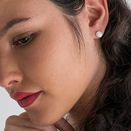 14K Gold White Opal Stud Earrings - 14K Solid Yellow Gold Studs, Dainty 8mm October Birthstone Medium Size Opal Jewelry, Simple Handmade Gift for Classy Women3