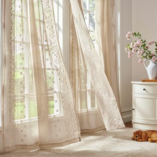 Image of jinchan Winslow Sheer Curtains 96 Inch for Bedroom Living Room Embroidered Bordered Floral Nursery Curtains for Boy's Room Light Filtering Window Treatments, Ivory on Beige, 2 Panels, 50 inch x 96 inch