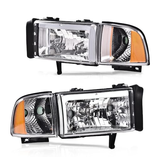 Image of GRAND ORANGE LED DRL Headlights Assembly, Compatible with Dodge Ram 1500 2500 3500 1994-2002 Headlamps Clear lens Black Housing Clear Corner Headlamps