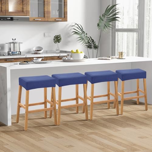 Image of YISUN Stool Covers Rectangle - 4 Pack Stretch Waterproof Saddle Seat Cover Counter Bar Stools Bar Chairs Covers Kitchen Island Chairs Cushion Protector (4, Navy Blue)