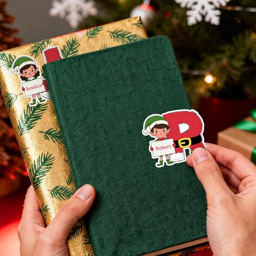 Image of Personalized Christmas Stickers, Custom Name & Elf Waterproof Christmas Gift Tags for Gift Box Holiday Decorations, Stockings, Party Favors