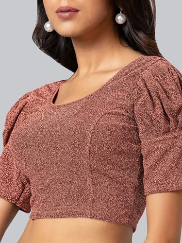 Image of Amazon Brand - Anarva Women's Readymade Shining Lycra Stretchable Round Neck Half Sleeve Blouses