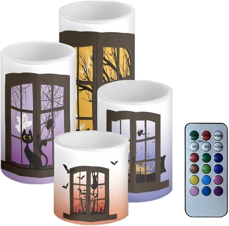 Cozeyat Black Cat Print Flameless Candles Votive Tealights,Flickering Real Wax Pillar Candles 4 Pieces,Waterproof Battery Operated LED Tea Lights with Remote Timer for Halloween Decoration