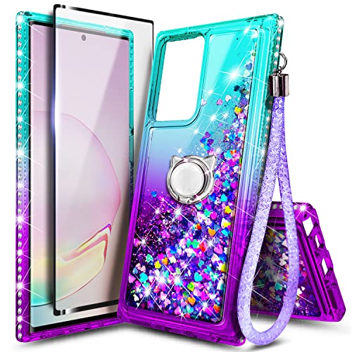 Ngb Samsung Galaxy Note 20 Ultra Case With Screen Protector (Maximum Coverage, Flexible Tpu Film), Ring Holder, Girls Women Liquid Bling Sparkle Fashion Glitter Clear Cute Case -Aqua/Purple #TOP8