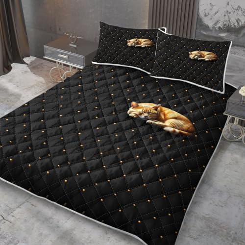 MILANKET 3pcs Black Diamond Cat Print Quilt Set Full Size for Kids Overall Tone Black with Orange Cat Bedspread Coverlet Lightweight Microfiber Bedding Set with 2 Pillow Shams