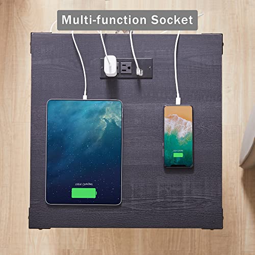 Jxqtlingmu Farmhouse End Table With Charging Station, 18'' Rustic Nightstand With Barn Door & Adjustable Shelf, Wooden Sofa Side Table With 3-Tier Storage For Living Room, Bedroom, White #TOP3