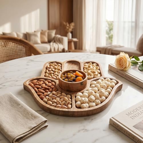 Image of The Earth Store Wooden Hand Platter with Bowl (11 Inch) - Snack Serving Tray for Fruits, Snacks, Desserts & Finger Food
